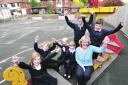 DELIGHTED: Badsey First School headteacher Julie Jones with pupils.