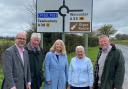 Celebrating the brand new Upton roundabout are Jeremy Owenson, Paul Middlebrough, Harriett Baldwin MP, Andrea Morgan and Andrew Waddell