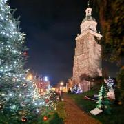 An avenue of Christmas trees surrounds the Pepperpot in Upton