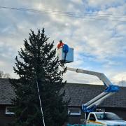 An Airband engineer and cherry picker help put up the lighting on the Welland Christmas tree