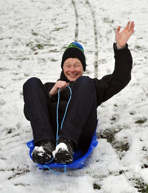 Bob Moore sledging in Lido Park, Droitwich