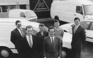 Adrian Ward (second left) with the A1 Presentations team he ran from 1989-1996: Chris Cheatle, Andrea Wood, Malcolm Cave, Paul Cluskey and Chris Perkins.