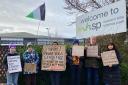 Protesters outside West Worcestershire MP Harriet Baldwin's offices.