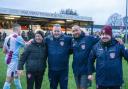 Co-managers Stephen Cleal (centre right) and Lee Hooper (far right), as well as first-team coach Andy Bevan (far left), have signed on for another season at the Hillsiders