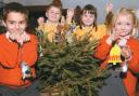 Madresfield Primary School and Madresfield Early Years Centre pupils made Christmas tree decorations to raise funds for the restoration of bells at St Mary’s Church in 2004. From left, Andreas Solomou (EYC), Ben Williams (MPS), Harriet Branfield