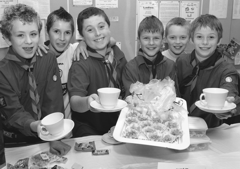 Members of 1st Malvern Link Scout Group Peter Powell, Matthew Bannister, Jamie Page, Stuart Puffett, Peter Brankin and Oliver Difford were among those who helped to raise money at a coffee morning in 2004