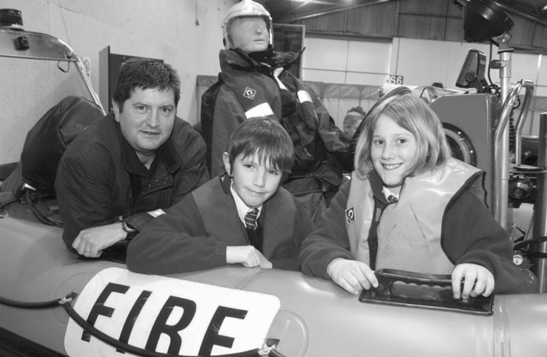 James Mobbs, aged 10, and Bethany Molyneux, 11, from Northleigh Primary School, at a Danger Dodgers event in January 2005