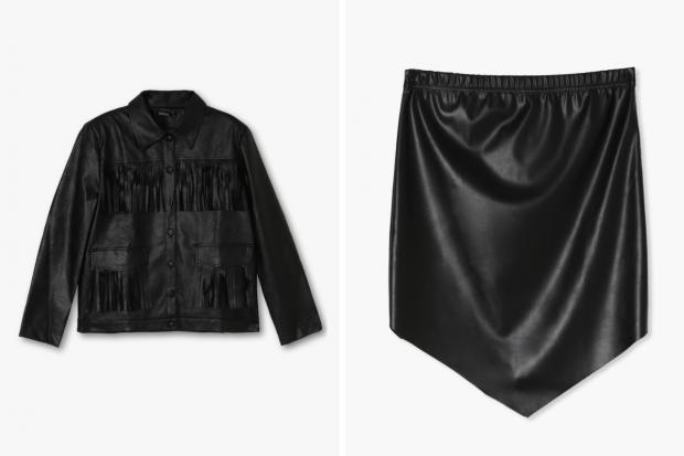 Malvern Gazette: (Left) Fringe Faux Leather Jacket and (right) Pointed Hem PU Mini Skirt in black (Boohoo/Canva)