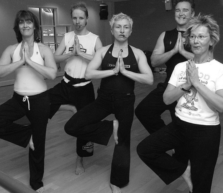 Fitness experts (from left) PamTaylor, Joanna Naiva, Shirley England, Will Jones and FranWinterbourn, from Acorns Children’s Hospice, practise their yoga as part of a fundraising fitness weekend at the Splash in May 2006