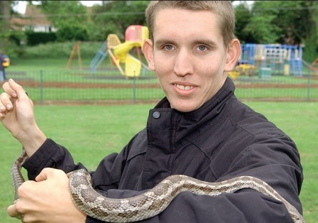 WALKIESSSSS: Timothy Fry with Buddy, one of his rat snakes, who he hoped would be given official permission to exercise at Ledbury Recreation Ground in 2007
