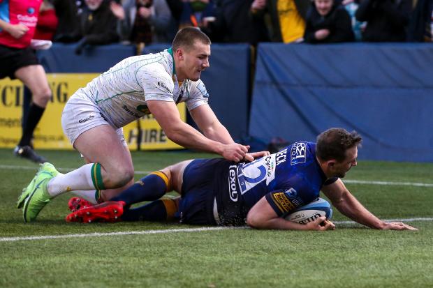Malvern Gazette: FIFTY: Ashley Beck scoring a try on his 50th appearance for Worcester against Northampton Saints in January.