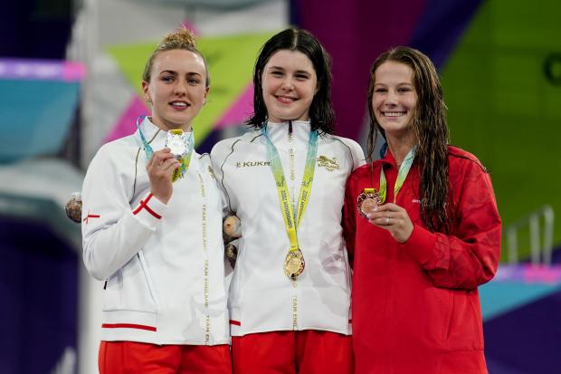 Malvern Gazette: England’s Andrea Spendolini Sirieix (centre) with her Gold Medal, England’s Lois Toulson with her Silver Medal (left) and Canada’s Caeli McKay with her Bronze Medal after the Women’s 10m Platform Final at Sandwell Aquatics Centre on day seven of the 2022 Commonwealth Games. Credit: PA