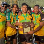 International: Malvern's Mason Campbell (second from left) represented Jamaica U19 last weekend.