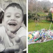 Harry with dad Geoffrey, and Fiona with the rubbish she has collected on her walks