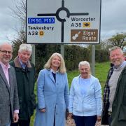 Celebrating the brand new Upton roundabout are Jeremy Owenson, Paul Middlebrough, Harriett Baldwin MP, Andrea Morgan and Andrew Waddell