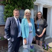 Jason Evans, General Manager at Mount Pleasant Hotel, Cllr Beverley Nielsen, Portfolio Holder for Economic Development and Tourism at MHDC, and Victoria Carman, Visitor Economy Officer at MHDC, outside the Mount Pleasant Hotel in Great Malvern.