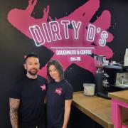 Craig Johnson and Jessica Morris in the new doughnut shop Dirty D's