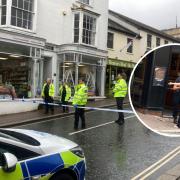 FATAL: The cordon of the crash in Church Street in Malvern. Inset: an officer makes enquiries on Wednesday, the day after the incident