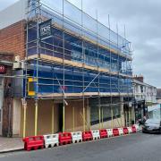 Scaffolding on the former Boots store in Malvern