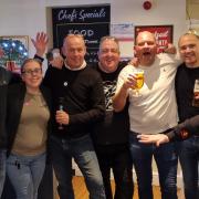 Fundraisers Audrey Martin, Micheal MacPake (Shakey), landlord Kelly Bennett, Neil Prosser, Steve Barber, Lee Phillips, Phil Homewood and landlord Lewis Daley. Not pictured is Aaron Richards.