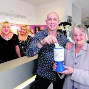 DONATE: From left, Lorraine Roberts, Joanna Smyth and Andrew Slater from Andrew Slater Hair with Maureen Williams from Friends of Malvern Hospital. By Nick Toogood. 1813304901.