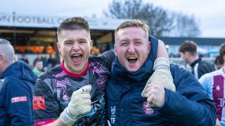 Josh Bishop (left), who was named supporters' player of the season, pictured with goalkeeping coach Tom Fairclough (right)
