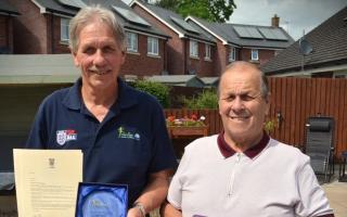 News: Malvern's Don Loader (right) with Mercian Junior Football League Chairman Ray Wright and his Long Service award
